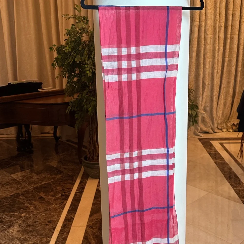 Burberry Vibrant Pink Check Long Scarf | Lightweight Designer Accessory - Picture 2 of 4